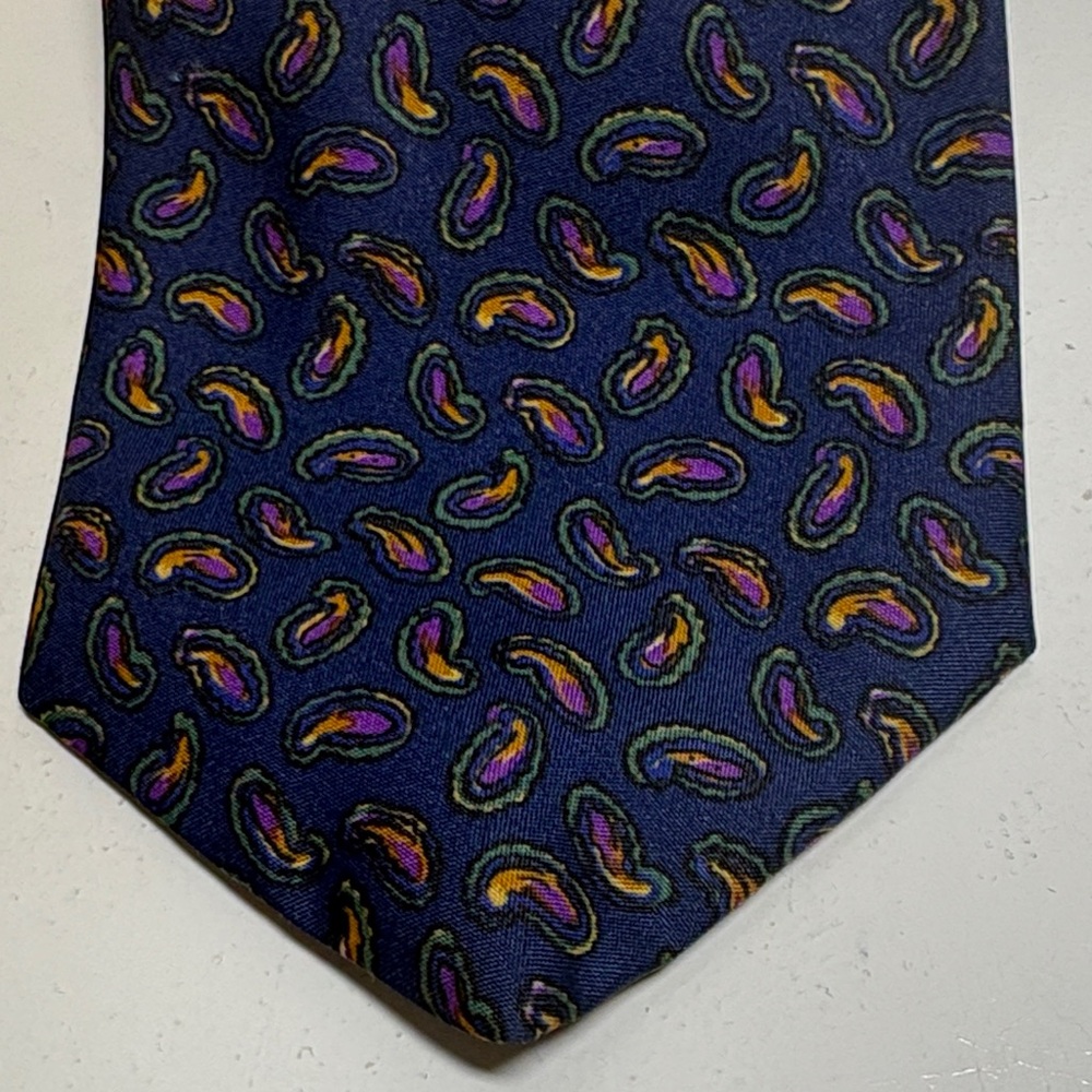 Hardy Amies Navy Paisley Silk Tie with Purple, Green & Gold Accents